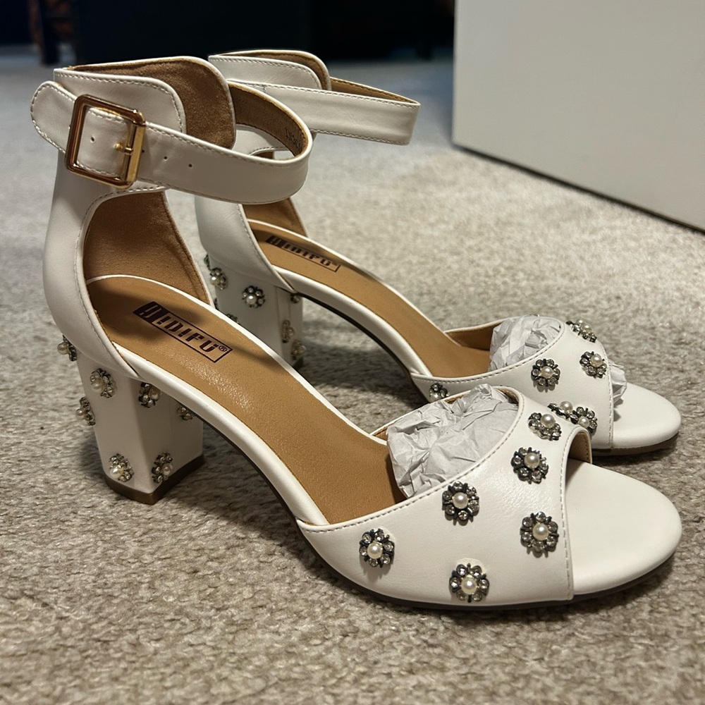 Pearl Embellished White Block Heels